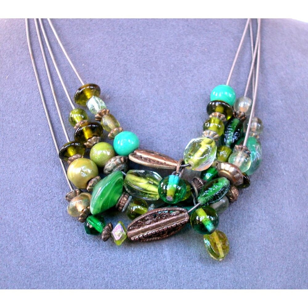 Vintage Multistrand Necklace With Green Glass Beads & Brass Accents